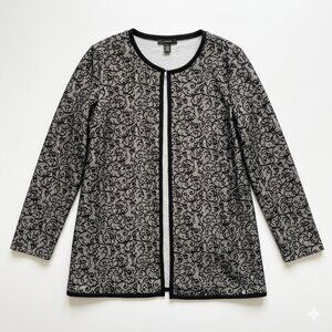 Preston & York XL Black White Lace Print Open Front Cardigan Jacket Topper Knit